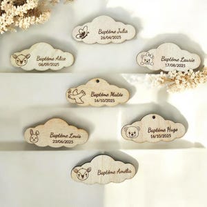 Étiquettes Nuage Personnalisées pour Baptême – Bois Gravé - étiquettes communion pour pots, boites, bougies ou pochon - Thème jungle savane