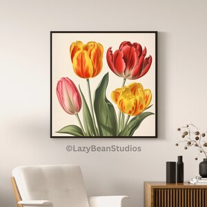 Conjunto de ilustraciones de tulipanes botánicos de 4, arte floral, arte floral de jardín, estampados cuadrados florales, decoración del hogar