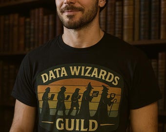 Data Wizards Guild T-Shirt | Vintage Fantasy Tech Sunset Stripe