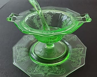 Vintage Uranium Glass Mayonnaise Bowl Set w/ Underplate & Ladle – Green Depression Glass Serving Dish, UV Reactive Vaseline Glass