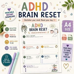Plantilla imprimible para reiniciar el cerebro en personas con TDAH, hoja de trabajo para vaciar la mente, organizador de desorden mental, planificador para personas con TDAH, reinicio para controlar el agobio, herramienta para la función ejecutiva.