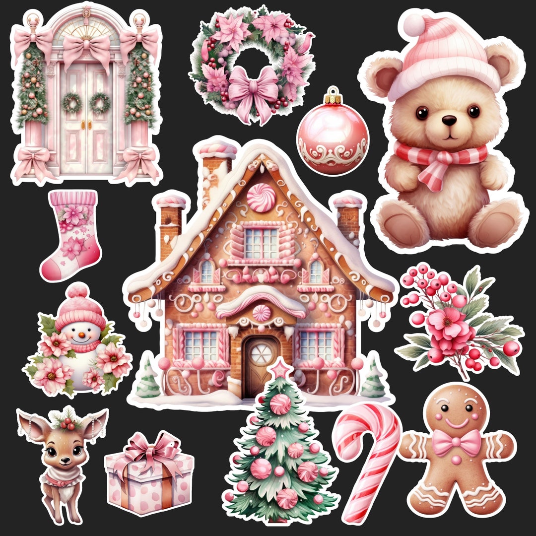 Printable Digital Pink Christmas Sticker Set 15 Different - Etsy