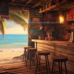 May include: A rustic wooden bar with a view of a tropical beach. The bar has shelves stocked with bottles of liquor, a wooden counter, and four bar stools. The beach is sandy with clear blue water and a palm tree in the background.