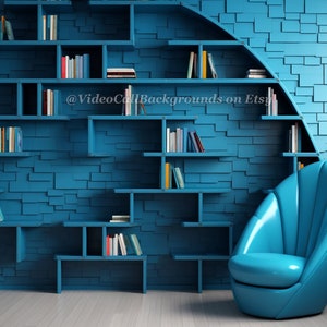 Virtual Video Call Background | Modern Blue Bookshelf | Image for Zoom, Video Calls, and Streaming | 4 Pack