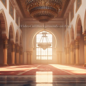 May include: A large, ornate mosque interior with a high ceiling, arched doorways, and columns. Sunlight streams through a large window at the end of the room, illuminating the space.