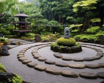 May include: A zen garden with a circular gravel path surrounded by stepping stones, a small pagoda, and a stone lantern. The garden is surrounded by lush greenery.