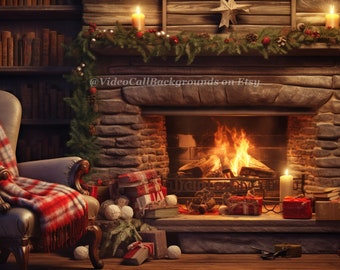 Virtual Video Call Background | Cozy Christmas Fireplace | Image for Zoom, Video Calls, and Streaming | 4 Pack