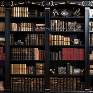 May include: A black wooden bookcase with gold accents, filled with rows of leather-bound books. The bookcase has five shelves on each side and is decorated with gold trim.