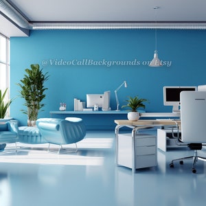 Virtual Video Call Background | Modern Blue Office | Image for Zoom, Video Calls, and Streaming | 4 Pack