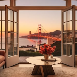 Virtual Video Call Background | Window with Golden Gate Bridge View | Image for Zoom, Video Calls, and Streaming | 4 Pack