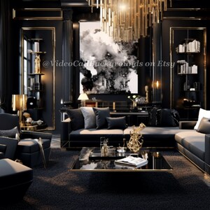 Achtergrond virtuele video-oproep | Luxe zwarte woonkamer | Afbeelding voor zoom, videogesprekken en streaming | 4 pak