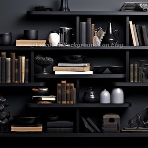 May include: Black shelves with a variety of decorative items, including books, bowls, vases, and sculptures. The shelves are arranged in a staggered pattern, creating a visually interesting display.