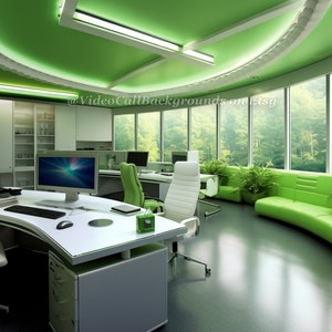 Peut inclure: Un bureau moderne avec un grand bureau incurvé, deux chaises blanches et un canapé vert. Le bureau a de grandes fenêtres avec vue sur une forêt verte. Les murs sont peints en vert et le plafond a un design incurvé.