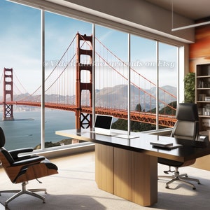May include: A modern office with a large window overlooking the Golden Gate Bridge. The office features a large desk with a black leather chair, a smaller chair, and a bookshelf.