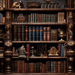 Könnte beinhalten: Ein dunkles Holzregal gefüllt mit Büchern, Dekorationsgegenständen und antiken Figuren. Die Regale sind gefüllt mit Büchern in verschiedenen Größen und Farben, wobei einige Bücher goldene Akzente haben. Auf den Regalen befinden sich auch mehrere Dekorationsgegenstände, darunter eine kleine Uhr, ein Messingkerzenhalter und eine kleine Statue.