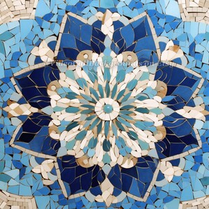 May include: A blue and white mosaic tile pattern with a starburst design. The centre of the pattern is a white circle with a blue centre.