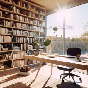 Puede incluir: Una oficina en casa con una gran estantería de madera llena de libros, un escritorio de madera con un portátil, una silla de oficina negra y una lámpara. El escritorio está situado frente a una gran ventana con vistas a una zona exterior soleada.