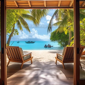 May include: A view from inside a tropical home through sliding glass doors, revealing a white sand beach with turquoise water, palm trees, and two wooden chairs on a wooden deck.