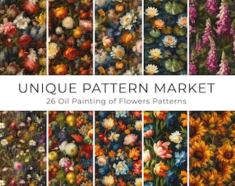 Flores magistrales: Paquete de 26 patrones de pintura al óleo de flores inspirados en viejos maestros - Diseños de patrones sin costuras - Papeles digitales florales