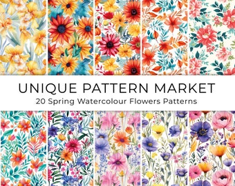 Primavera floreciente: Paquete de patrones de flores de acuarela vibrante - Papeles de álbum de recortes - Patrones sin costuras - Fondo digital - impresión del día de las madres