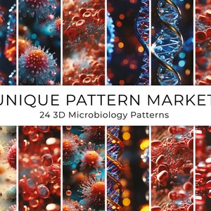 May include: A collage of 24 unique 3D patterns featuring various microbiology elements, including red blood cells, DNA strands, and viruses. The patterns are vibrant and colourful, with a mix of blue, red, and yellow hues. The text "UNIQUE PATTERN MARKET" and "24 3D Microbiology Patterns" is displayed in white on a white background.