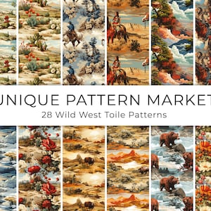 FrontierToile: 28 Wild West Toile de Jouy Pattern Pack for Rustic Charm - Seamless Pattern Designs - Digital Papers