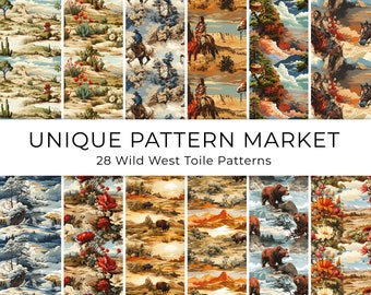 FrontierToile: Paquete de 28 patrones Toile de Jouy del Salvaje Oeste para un encanto rústico - Diseños de patrones sin costuras - Papeles digitales