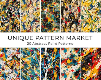 Pintura abstracta dinámica: 20 patrones de pintura abstracta - Inspirado en Jackson Pollock - papelería - Patrones sin costuras - Conjunto de papel imprimible