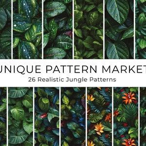 Può includere: Una collezione di 26 motivi di giungla senza cuciture che presentano un lussureggiante fogliame verde, fiori vibranti e dettagli intricati. Questi motivi digitali sono perfetti per creare design unici per tessuti, carte da parati e altro ancora.