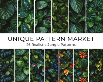 Esplendor de la jungla: Paquete de patrones de hojas de jungla hiperrealistas - Papeles de álbum de recortes - Patrones sin costuras - Fondo digital - Conjunto de papel imprimible