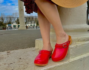 Swedish Clogs Moccasins Wooden clogs Women clogs Leather clogs Womens Boots Red