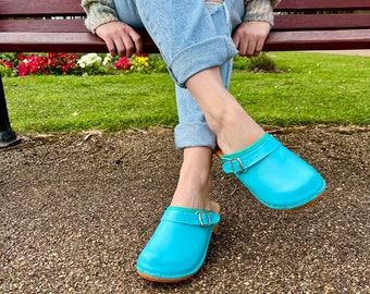 Swedish Clogs Moccasins Wooden clogs Women clogs Leather clogs Womens Boots Turquoise Mint