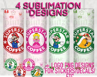 Paquete de SuperMario Superstar Peaches Starbucks Tumblr Sublimación PNG + Calcomanía/Pegatina con logotipo