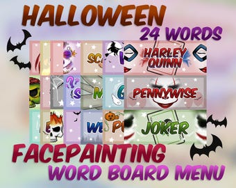 Tablero de palabras de pintura facial: Menú de Halloween - 24 opciones (Descarga digital)