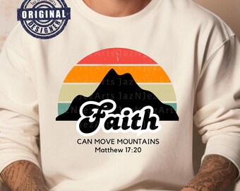 La fe puede mover montañas png Camiseta cristiana retro para hombre png Diseño de sublimación de las Escrituras Descarga de camiseta religiosa DTF Mateo 17:20