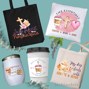 May include: Four different tote bags with various designs featuring coffee cups, crosses, hearts, and the text "Jesus & Christ Pumpkin Spice", "Life Essentials Coffee + Jesus + Love", "Pour out blessings one latte at a time", and "My day starts with Coffee & Jesus".