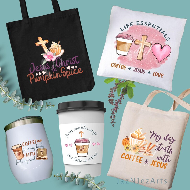 May include: Four different tote bags with various designs featuring coffee cups, crosses, hearts, and the text "Jesus & Christ Pumpkin Spice", "Life Essentials Coffee + Jesus + Love", "Pour out blessings one latte at a time", and "My day starts with Coffee & Jesus".