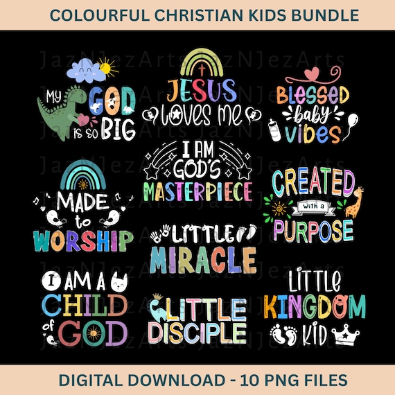 Colourful Christian Kids PNG Bundle Kids Faith Shirt svg bundle Retro Christian png Sublimation Designs Youth Sweater Designs DTF