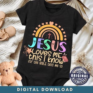 Jésus m'aime ça, je sais png svg Boho nouveau-né chemise png Religieuse Bible Graphic Design png Retro Baby Saying svg enfants foi chemise png