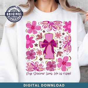 Coquette de Pâques scintillante croix png Il est ressuscité png Chinoiserie florale rose png Pâques chrétienne bohème Png filles Doodle de Pâques rétro rose png