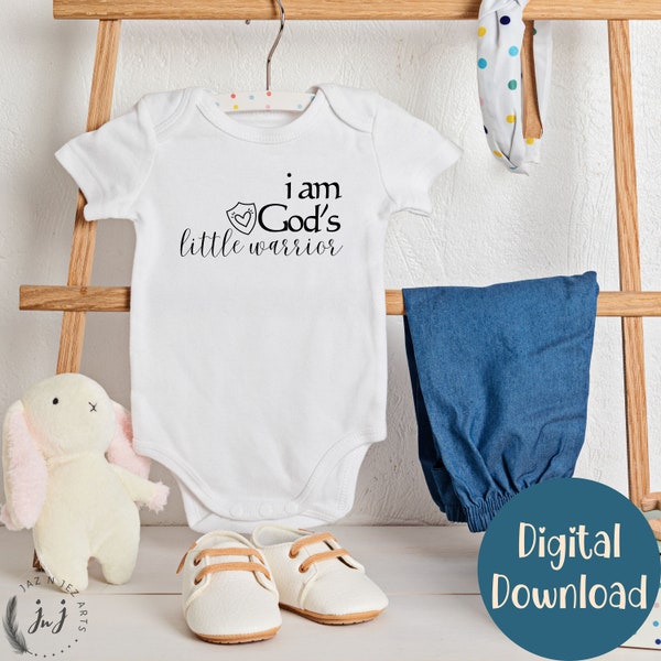 Little Warrior Baby bodysuit svg png, Toddler Faith Shirt, Bible Sublimation Design, I am God's Little Warrior svg, Scripture SVG