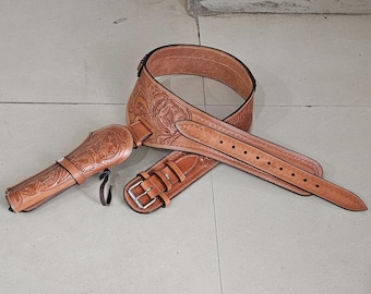Western leren revolverholster met riem – handgemaakt volnerf bruin – past 4"–6,5" loop 22,38,357,44,45 cowboystijl