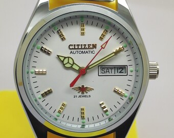 Vintage Citizen Automatic Mechanical Men's Wrist Watch 8200A Movement Day Date White Dial Free Shipping