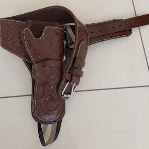 Western Leather Gun holster Belt Old West Custom Handmade Cowboy Revolver Pistol Tooled Case for .35/357  Brown Revolver Rig