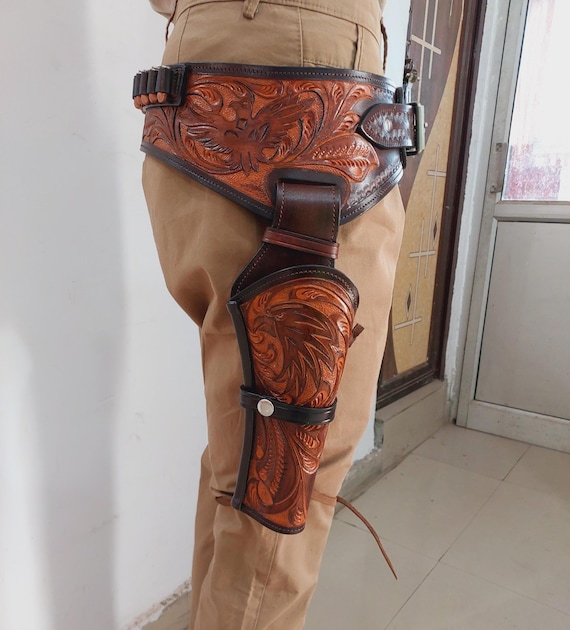 ベルト付きウエスタンレザーガンホルスター - カウボーイ右手ドロー