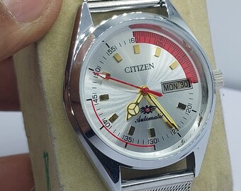 Orologio da polso da uomo meccanico automatico vintage Citizen con data del giorno, quadrante argento e rosso, spedizione gratuita