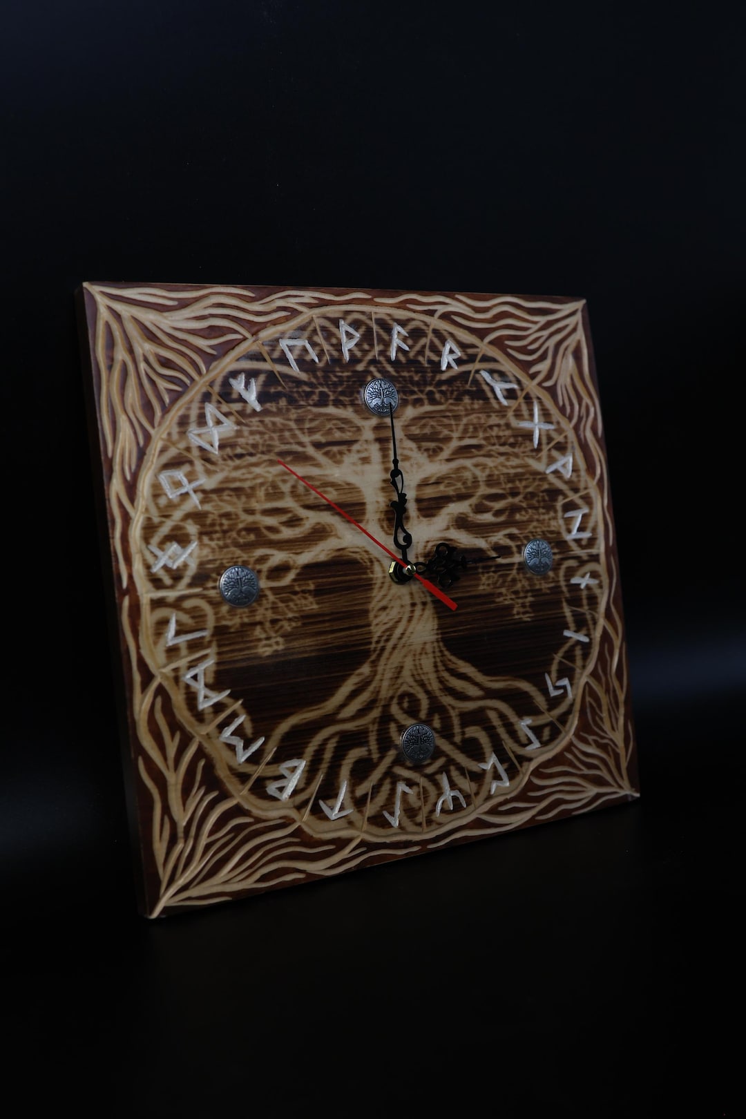 Hand Burned Wooden Wall Clock – Tree of Life With Runes, Pyrography Art ...