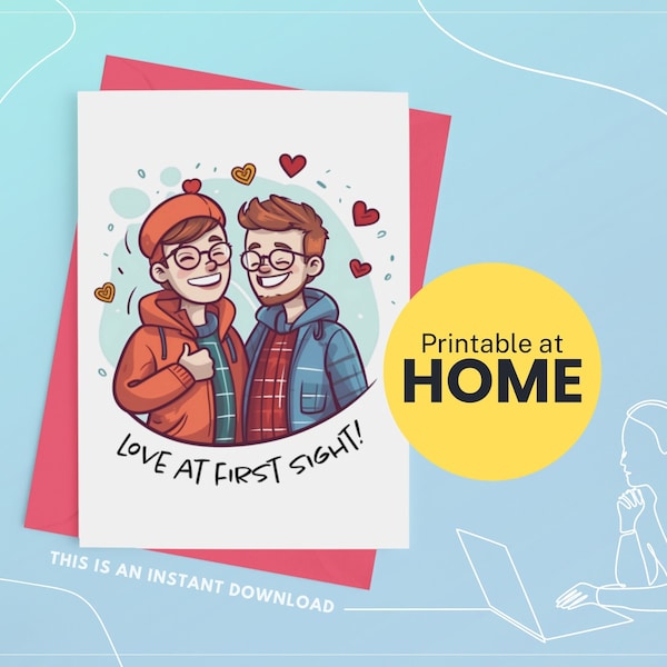 Printable Greeting Card Love at First Sight, Greetingcard, Artful greeting cards, Printablecards, Gay Boyfriend, Same Sex Couple, Queer Card