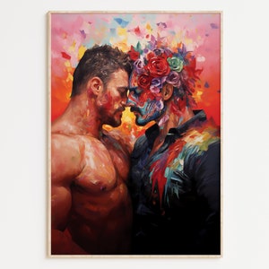 Gay Art, Gay Couple, Gay Print Poster, Home Decor Wall Art, Gay Painting, Gay Gifts, LGBTQ+ Wall Poster | Soulmates