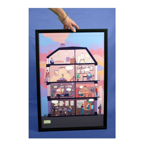 L'Immeuble Haussmannien | Illustration participative 60x40 Fine art, coucher de soleil, hiver, personnage, coupe architecture, bd à remplir